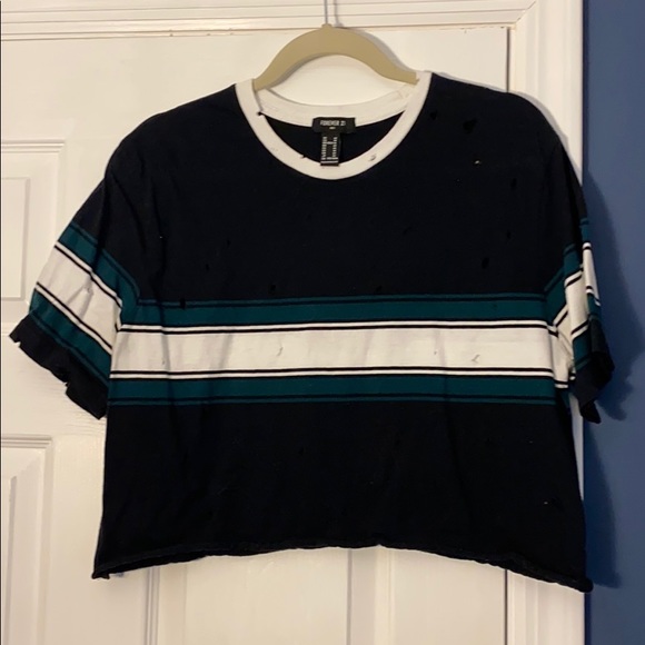 Forever 21 Navy Green White Striped Cropped Shirt - Picture 2 of 3